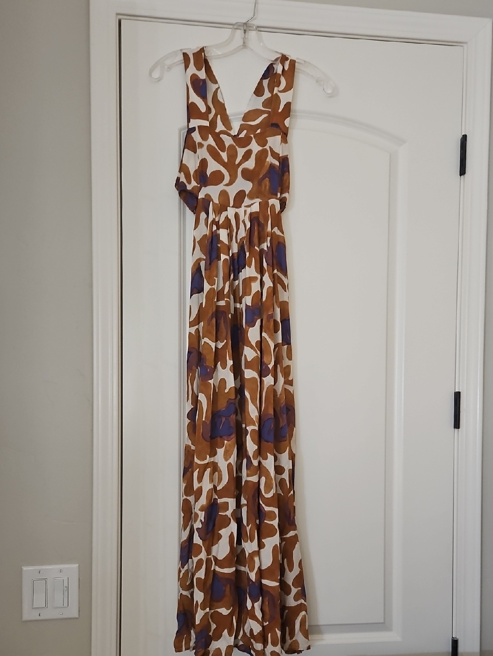 Sleeveless V-Neck Maxi Dress in Brown and Purple Print